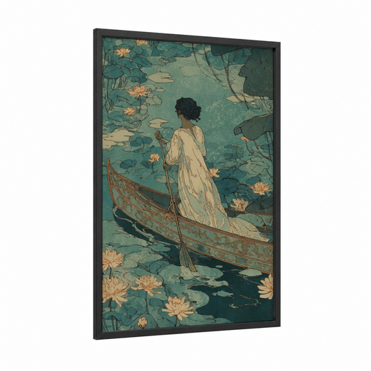 Lotus Paddler framed kayaks and canoes print — black wood frame — teal and gold palette