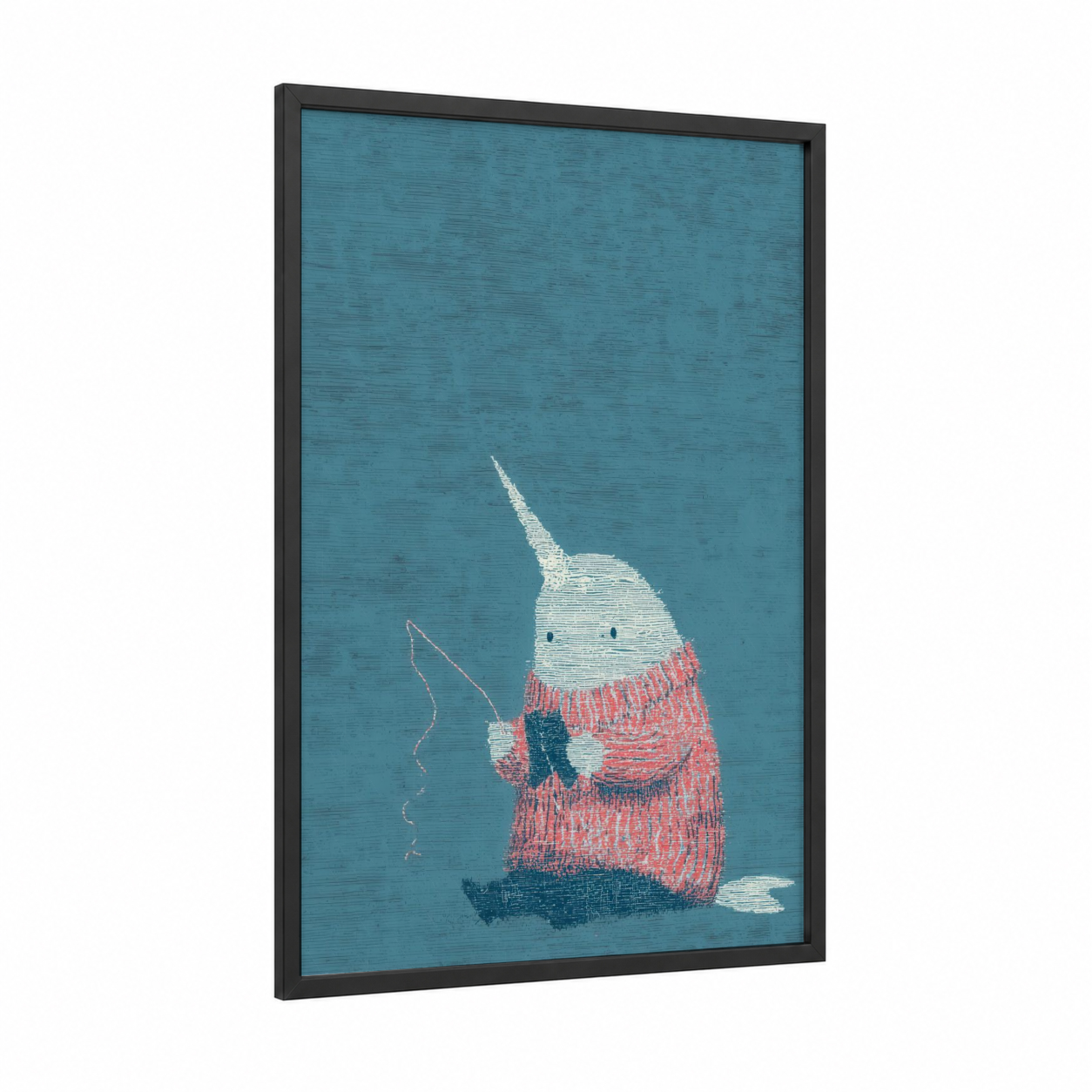 Festive Narwhal framed art print — black wood frame — teal and salmon pink palette