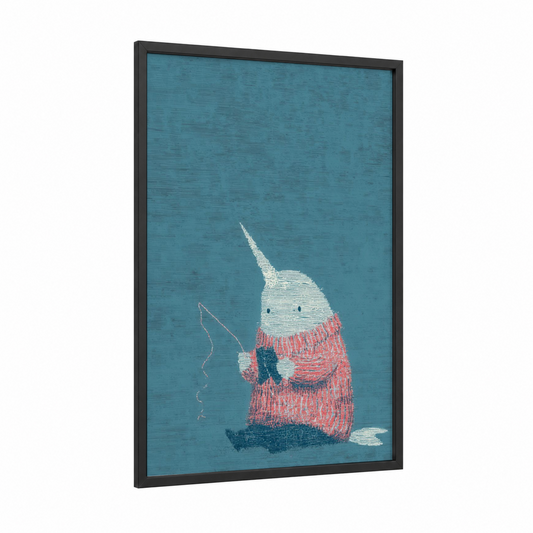 Festive Narwhal framed art print — black wood frame — teal and salmon pink palette