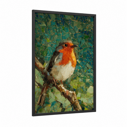 Woodland Finch framed art print — black wood frame — teal and orange palette