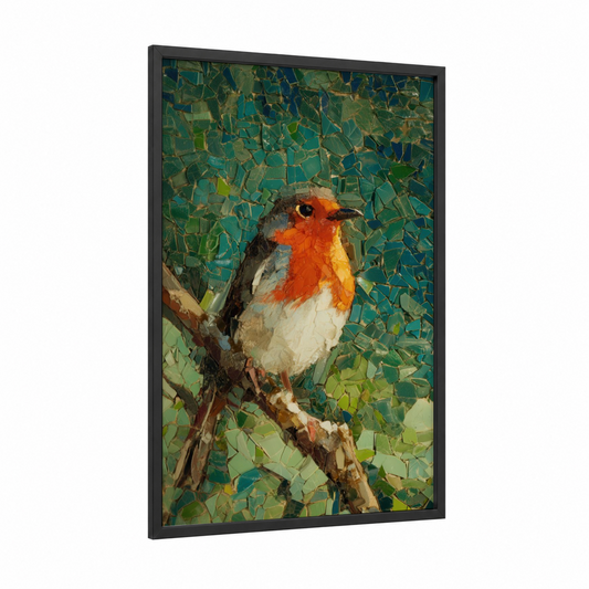 Woodland Finch framed art print — black wood frame — teal and orange palette