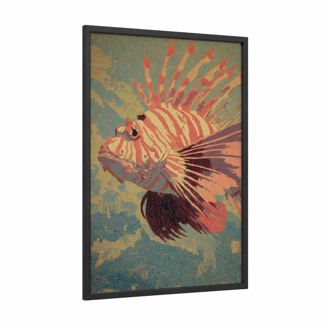 Crimson Lionfish framed art print — black wood frame — red and gold palette