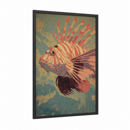 Crimson Lionfish framed art print — black wood frame — red and gold palette