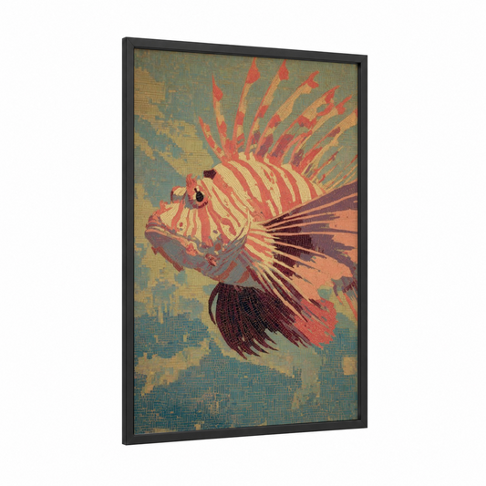 Crimson Lionfish framed art print — black wood frame — red and gold palette