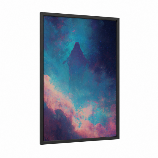 Ethereal Virgin Mary framed art print — black wood frame — turquoise and magenta palette