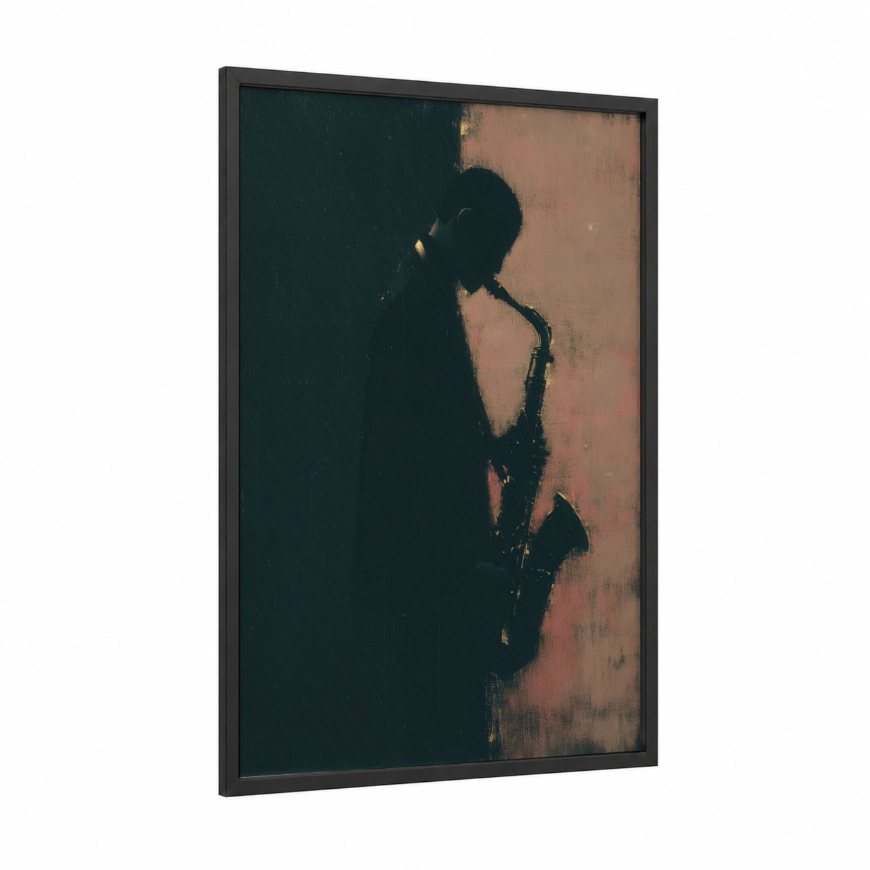 Jazz Saxophonist framed saxophone print — black wood frame — peach and black palette