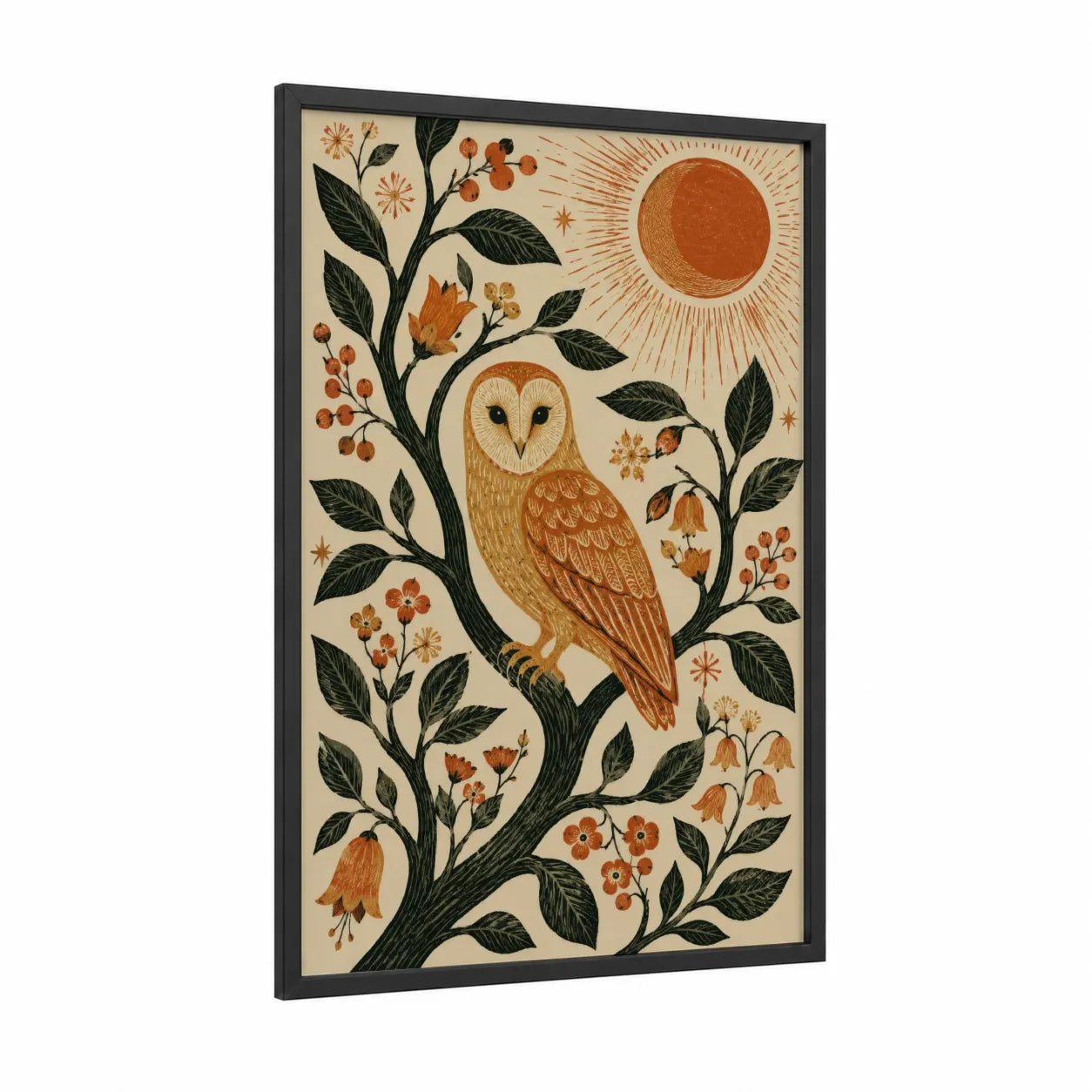 Botanical Owl With Sun Wall Art framed art print — black wood frame — beige and orange palette