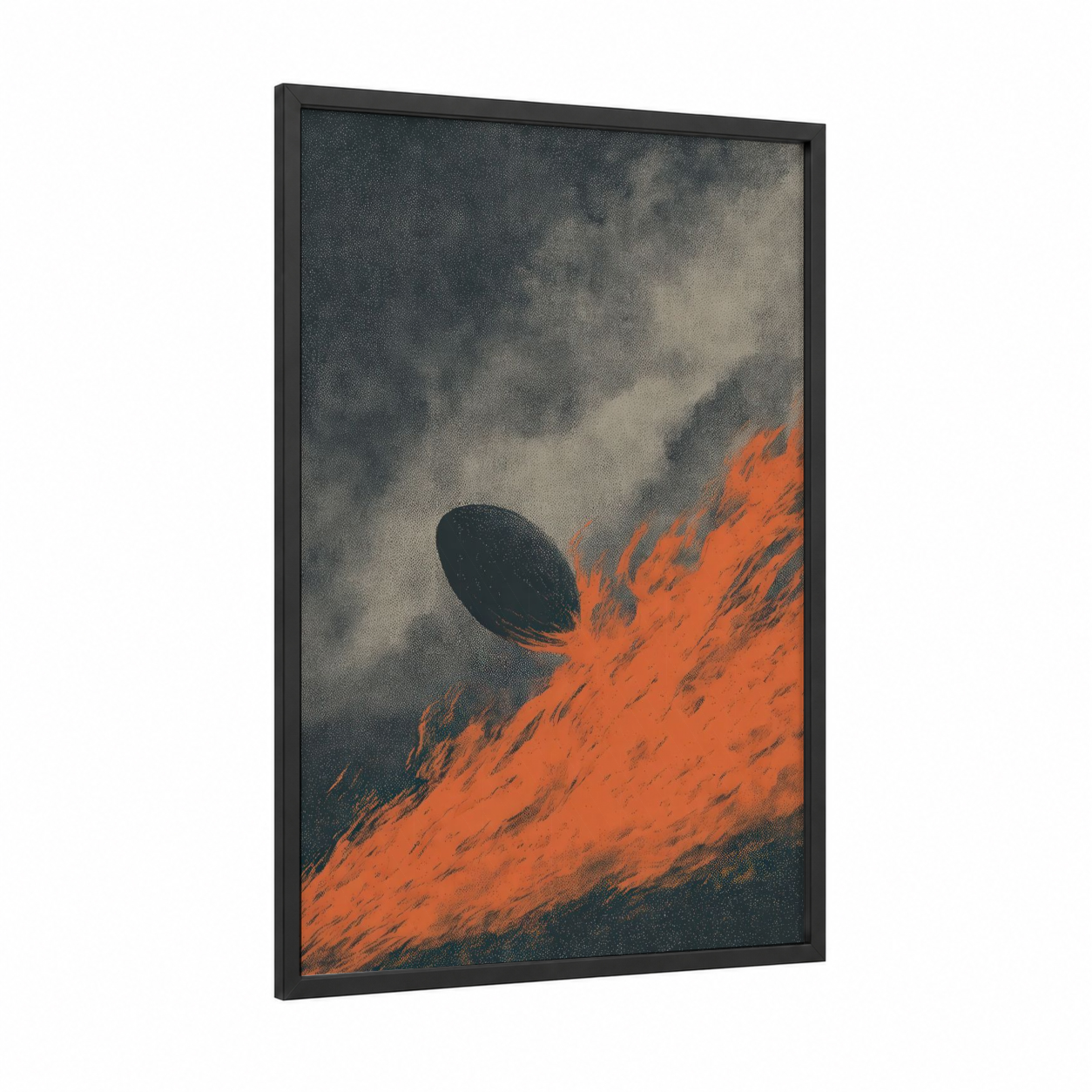Volcanic Rugby framed art print — black wood frame — orange and gray palette