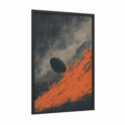 Volcanic Rugby framed art print — black wood frame — orange and gray palette