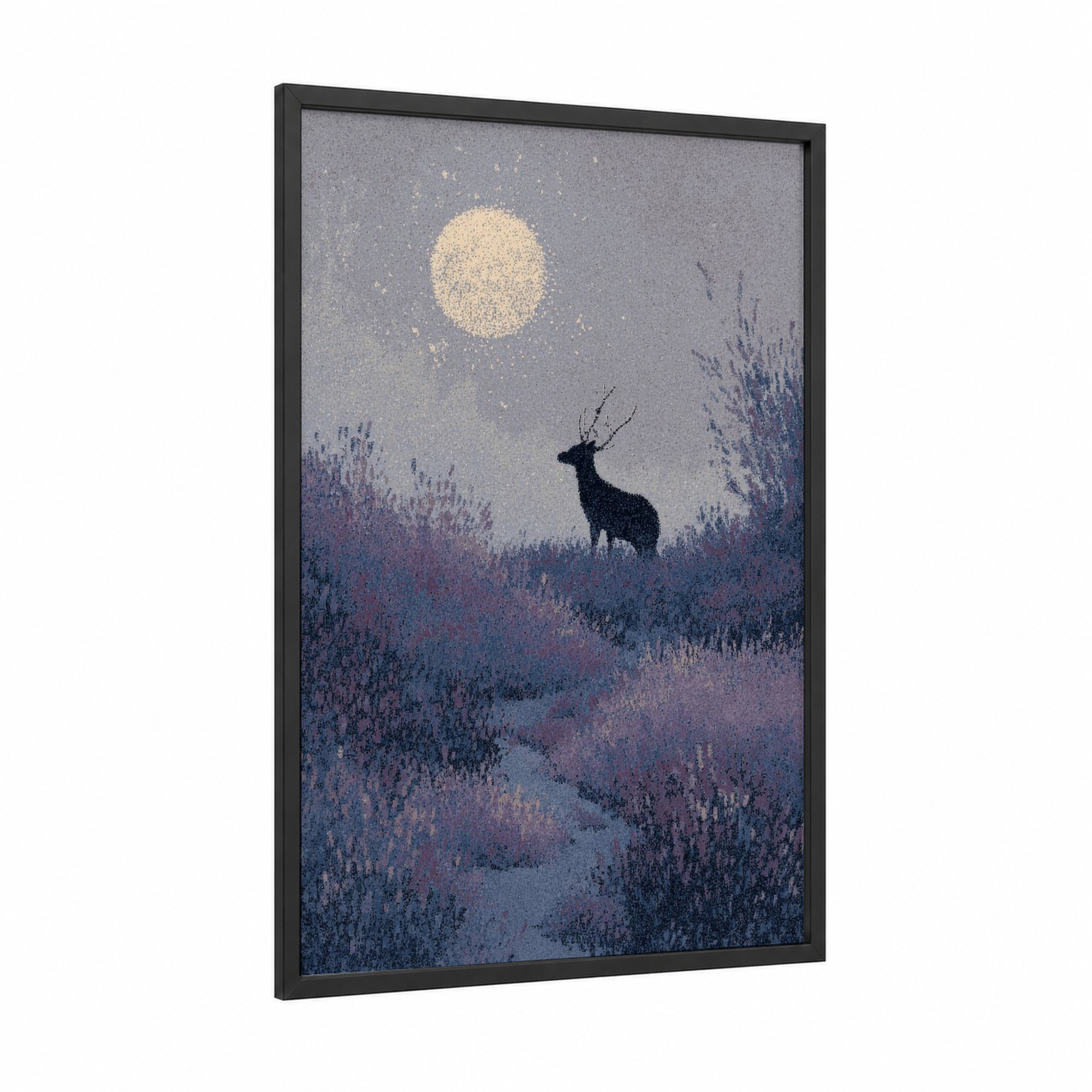 Moonlit Reindeer framed art print — black wood frame — gray and lavender palette