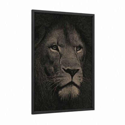 Majestic Lion Beadwork framed art print — black wood frame — black and white and cream palette