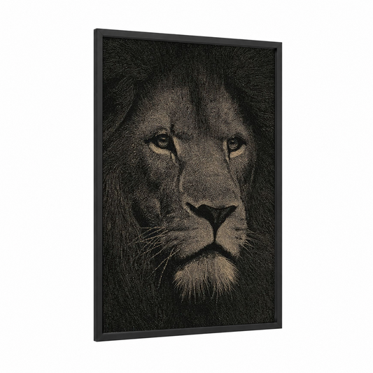 Majestic Lion Beadwork framed art print — black wood frame — black and white and cream palette