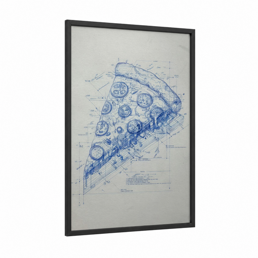 Pizza Blueprint framed blueprints print — black wood frame — blue and cream palette