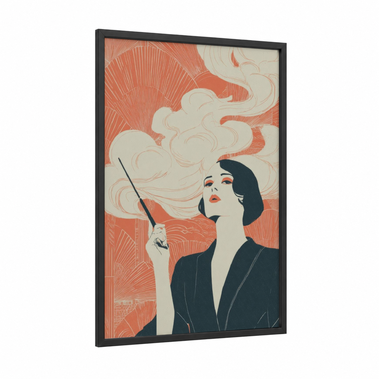 Contemplative Painter framed smoke print — black wood frame — pumpkin and cream palette