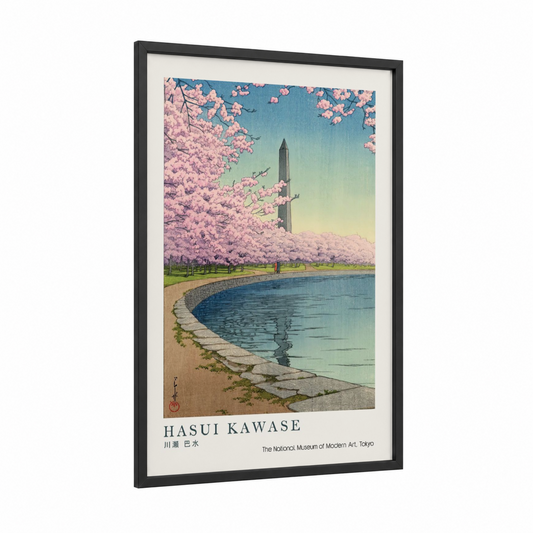 Cherry Blossoms Monument framed art print — black wood frame — pink and blue and green palette
