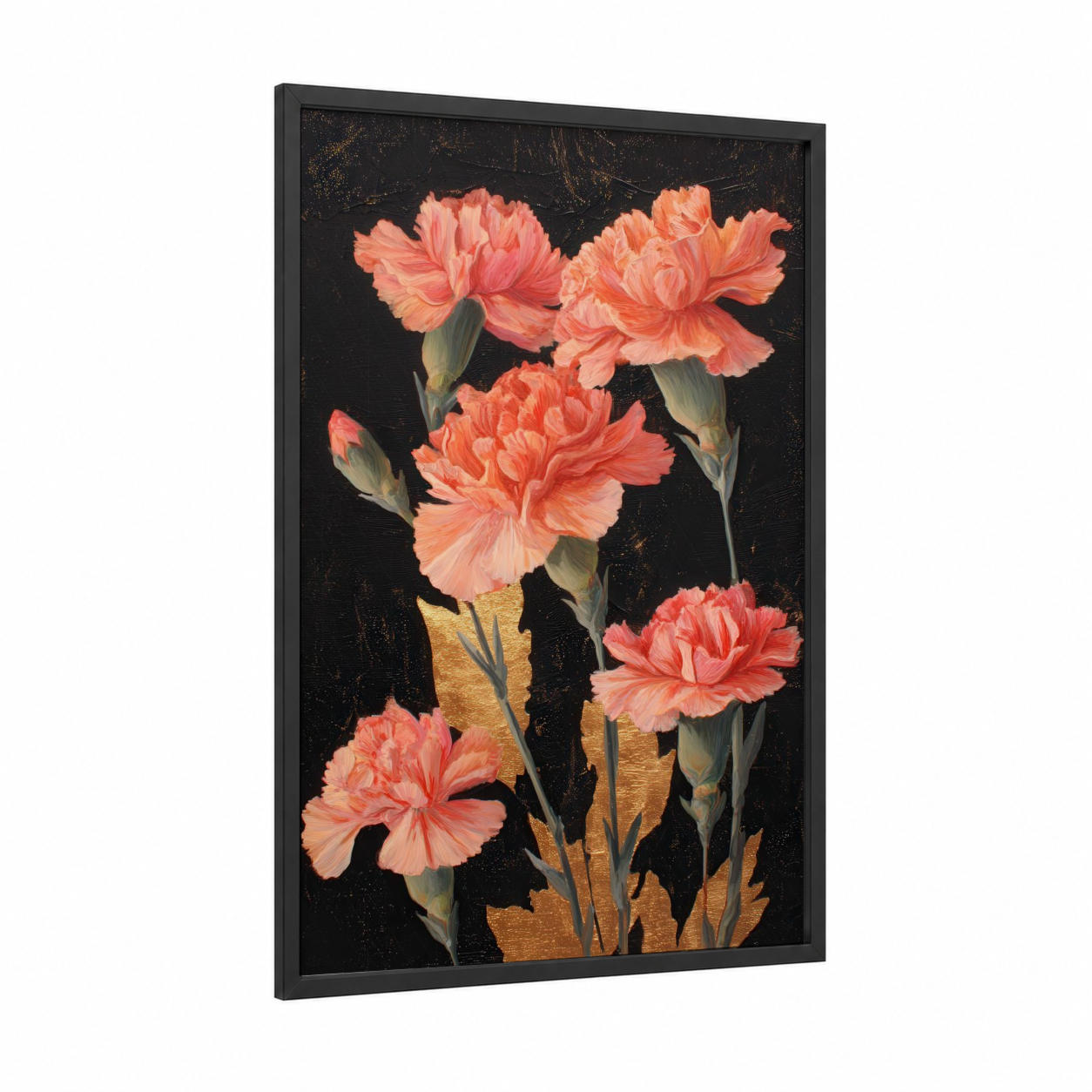Coral Carnation Bloom framed carnations print — black wood frame — salmon pink and gold palette