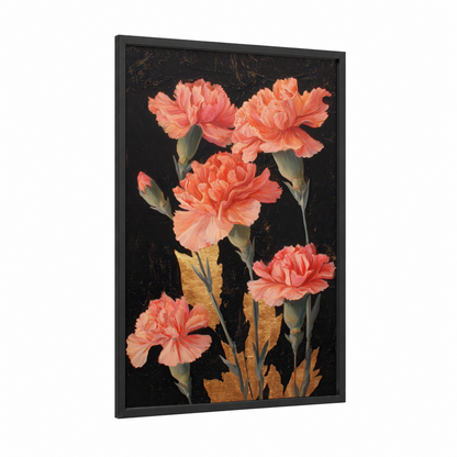 Coral Carnation Bloom framed carnations print — black wood frame — salmon pink and gold palette