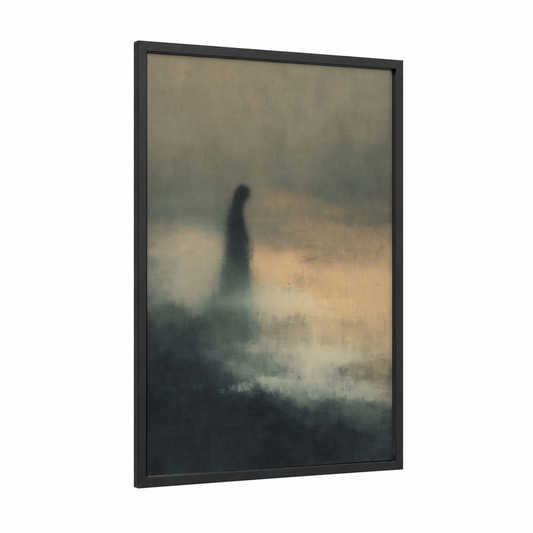 Misty Apparition framed dreamscape print — black wood frame — gray and beige palette