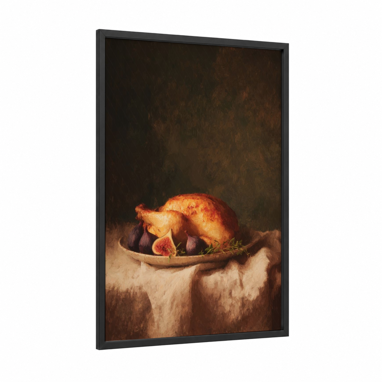 Roasted Poultry framed art print — black wood frame — gold and espresso palette