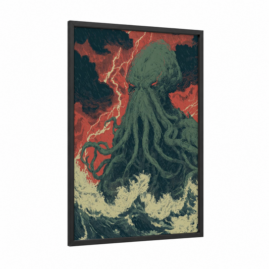 Cosmic Cthulhu framed art print — black wood frame — dark green and red palette