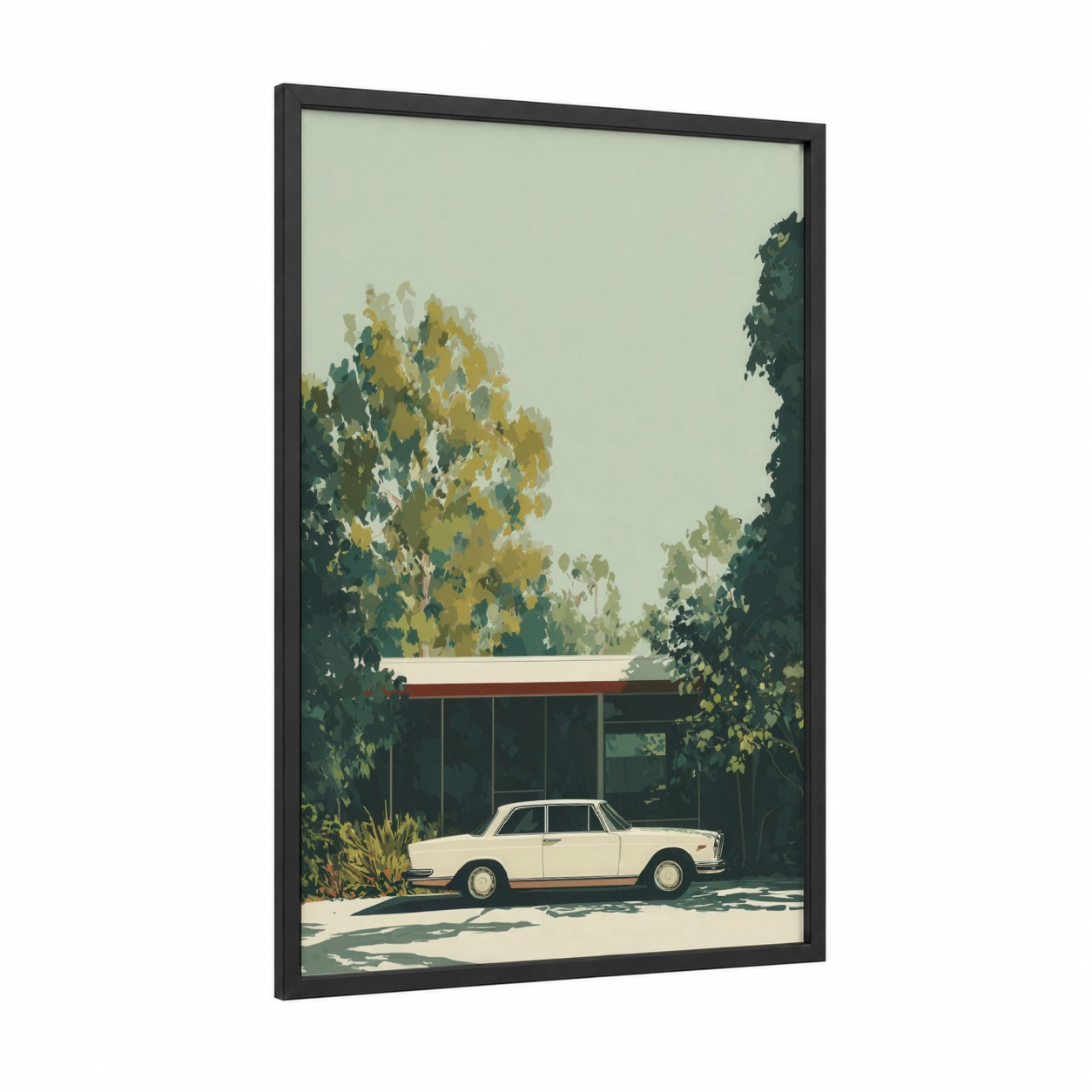 Vintage Sedan Retreat framed classic car print — black wood frame — cream and sage green palette