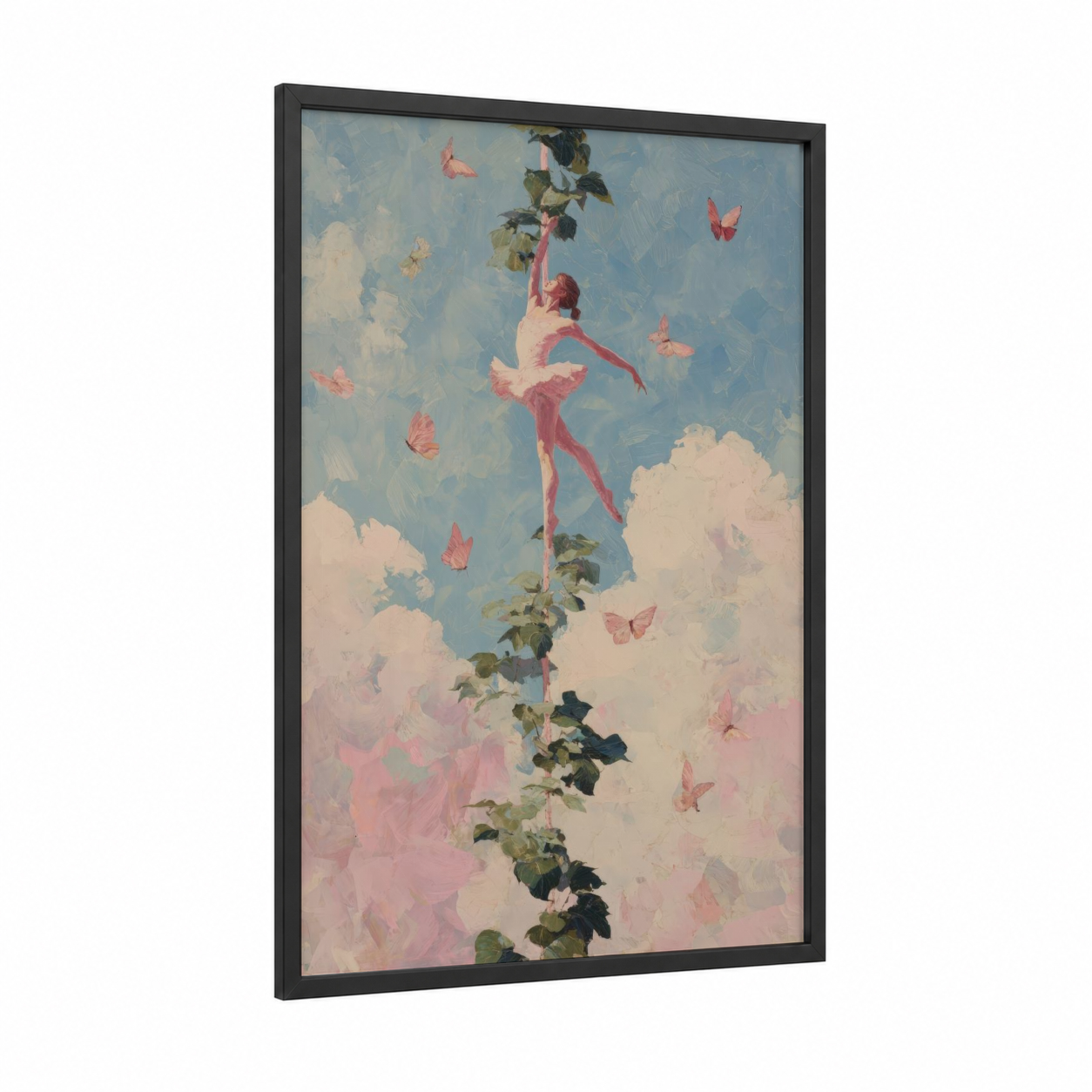 Ethereal Pole Dancer framed pole dancing print — black wood frame — pink and blue palette