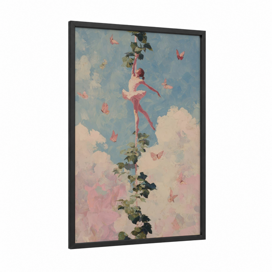 Ethereal Pole Dancer framed pole dancing print — black wood frame — pink and blue palette