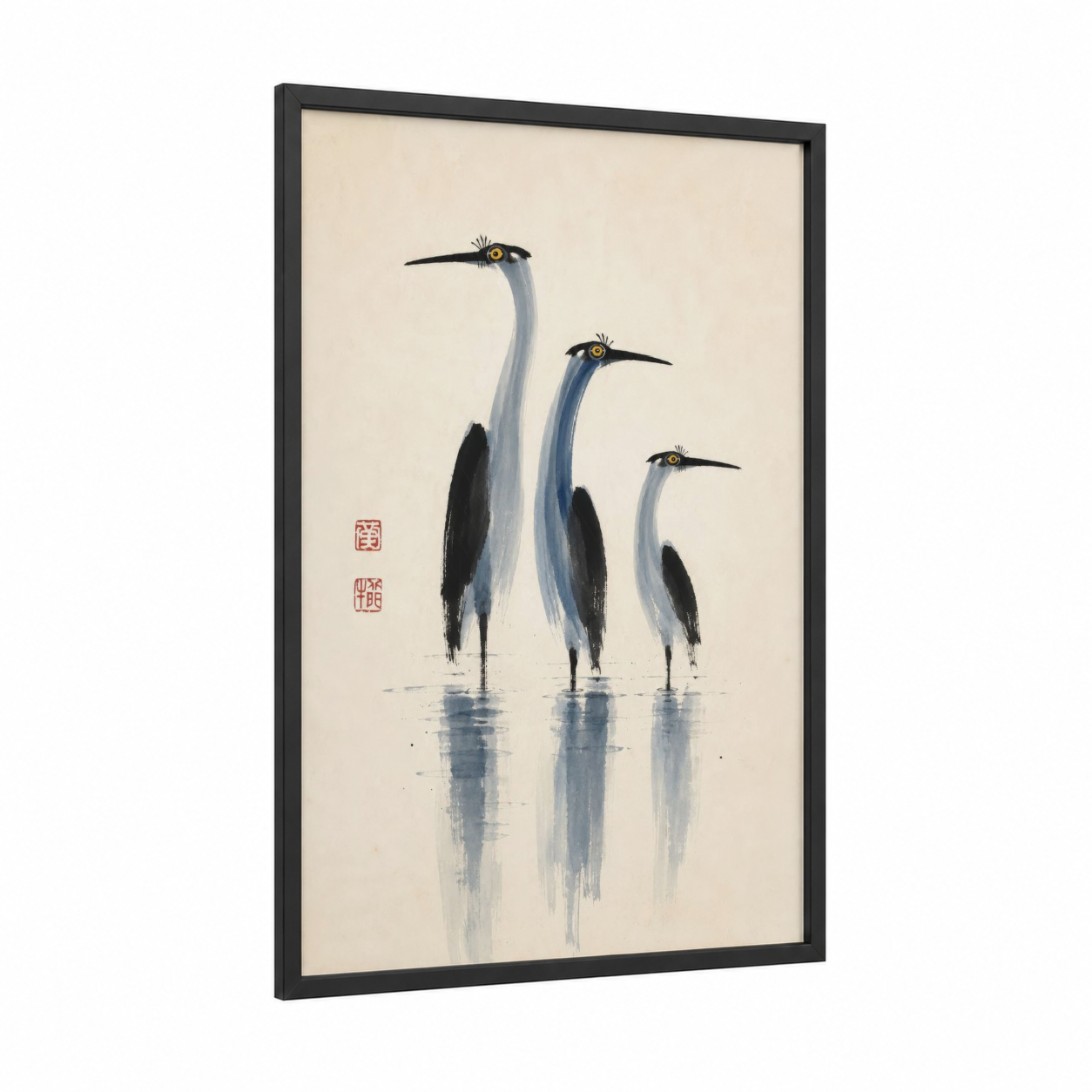 Japanese Cranes Minimalist Wall Art framed art print — black wood frame — blue and beige palette