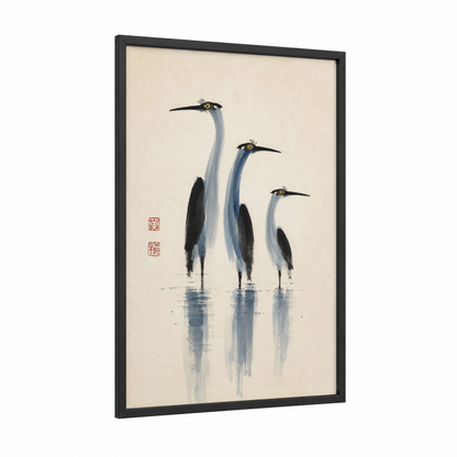 Japanese Cranes Minimalist Wall Art framed art print — black wood frame — blue and beige palette