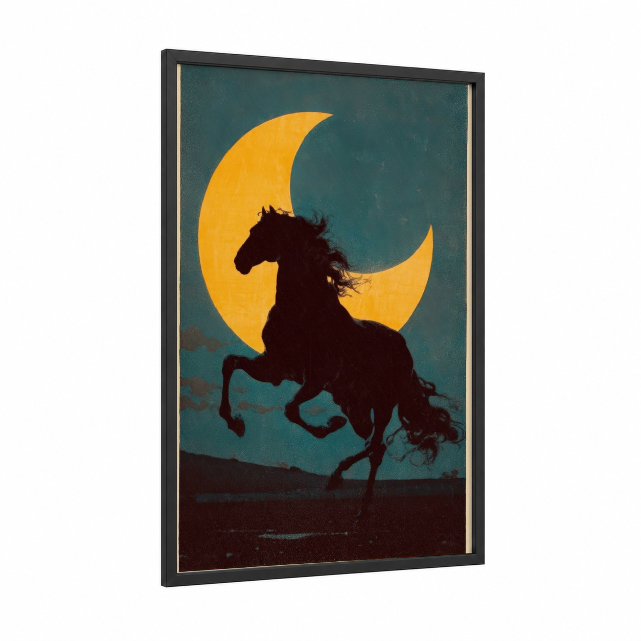 Moonlit Arabian framed arabian horse print — black wood frame — black and gold and dark blue palette
