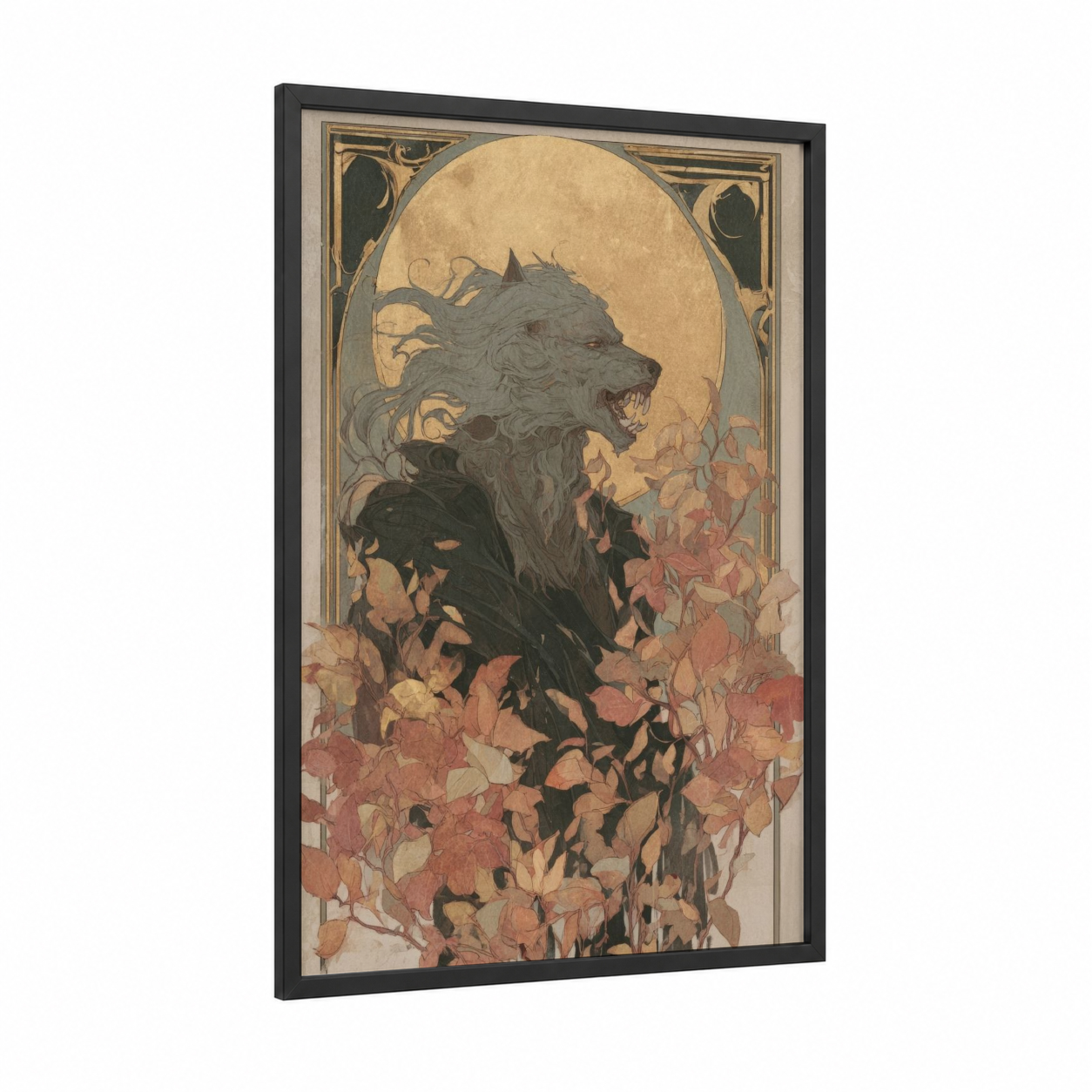 Autumn Werewolf framed art print — black wood frame — cream and russet palette