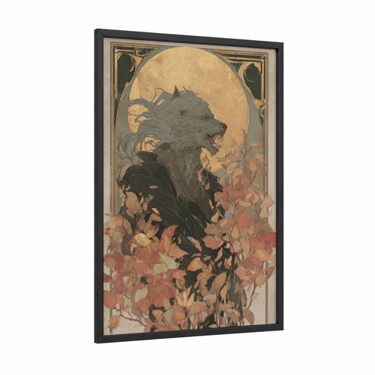 Autumn Werewolf framed art print — black wood frame — cream and russet palette