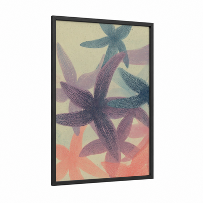 Pastel Starfish framed art print — black wood frame — blue and pink palette