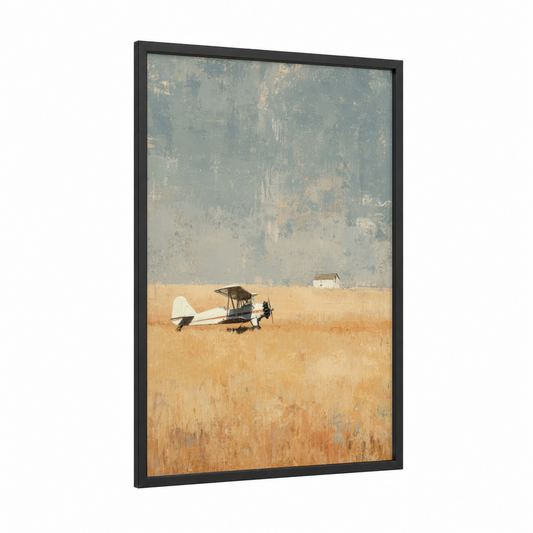 Golden Field Biplane framed propeller plane print — black wood frame — gold and bermuda gray palette