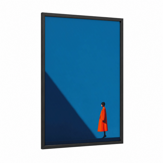 Orange Minimalist framed women's fashion print — black wood frame — blue and orange palette