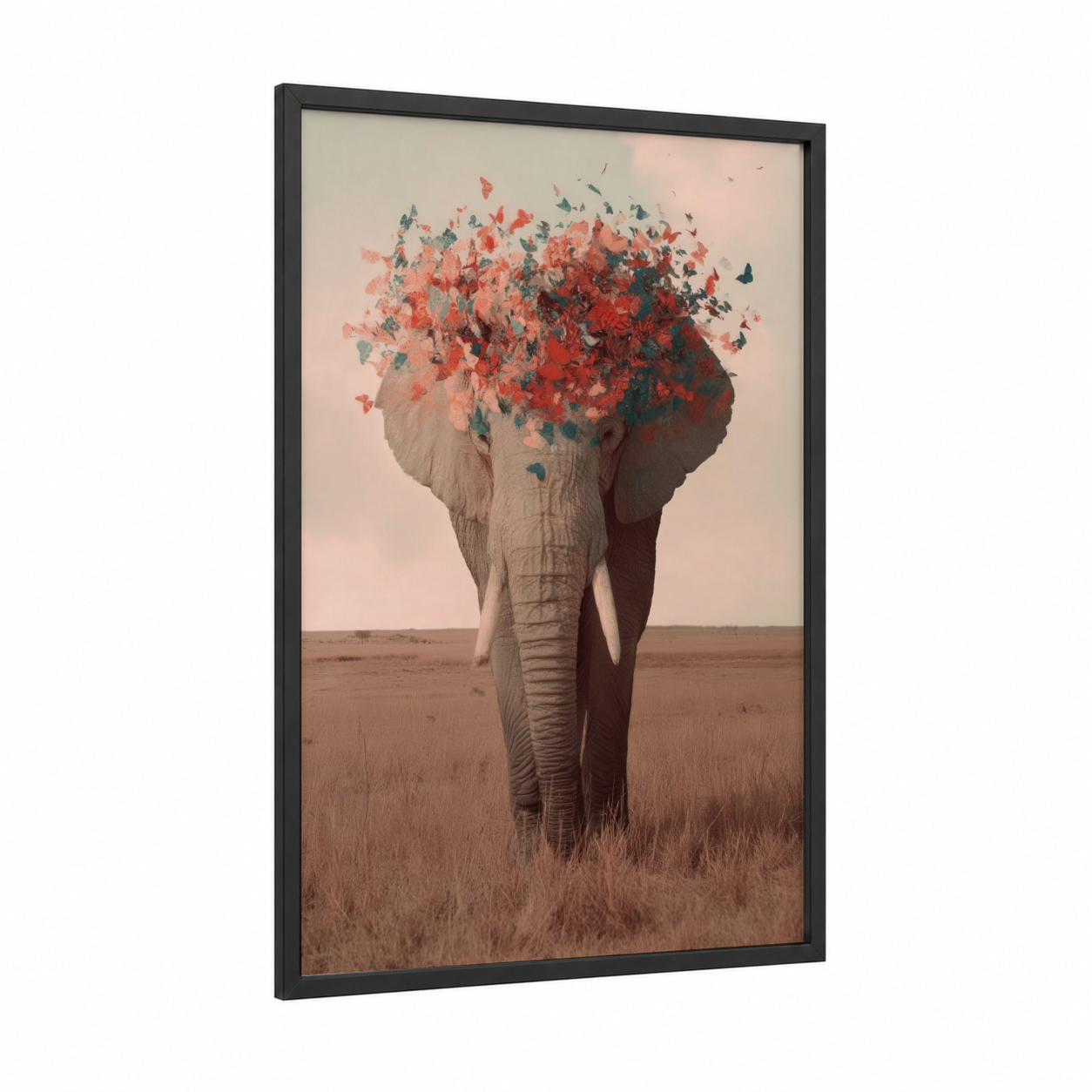 Crimson Dreams Elephant framed savanna elephant print — black wood frame — salmon pink and teal palette