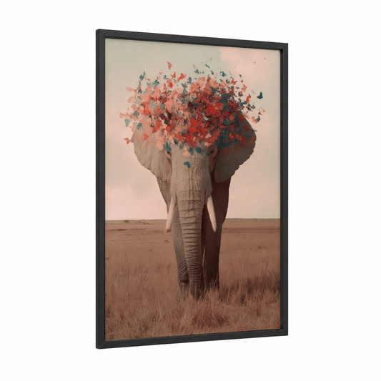 Crimson Dreams Elephant framed savanna elephant print — black wood frame — salmon pink and teal palette