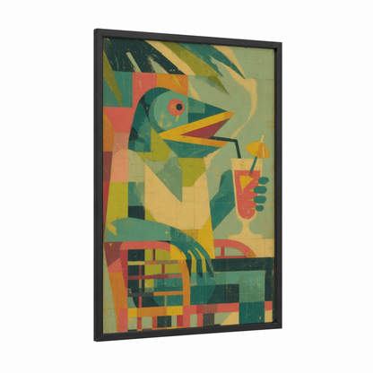 Cubist Snook framed art print — black wood frame — teal and yellow gold palette