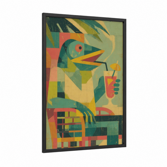 Cubist Snook framed art print — black wood frame — teal and yellow gold palette