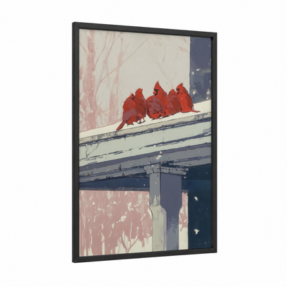 Snowy Cardinal Gathering framed art print — black wood frame — red and blue and white palette