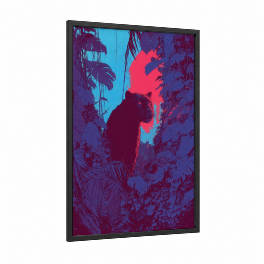 Neon Panther framed art print — black wood frame — blue and gold and magenta palette