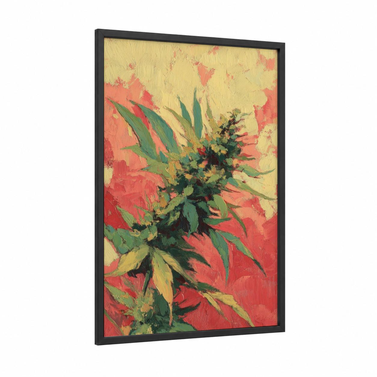 Crimson Cannabis Bloom framed art print — black wood frame — red and green palette
