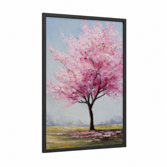 Spring Cherry Blossom framed cherry blossoms print — black wood frame — pink and blue and white palette