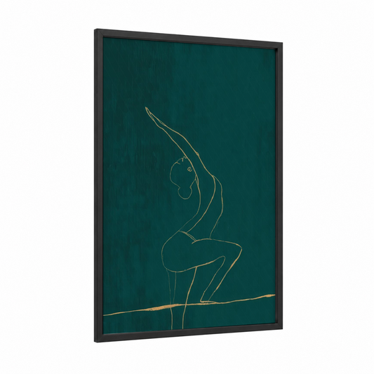 Balanced Strength framed fitness yoga print — black wood frame — teal and gold palette