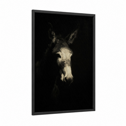 Shadowed Mule framed art print — black wood frame — black and white and cream palette