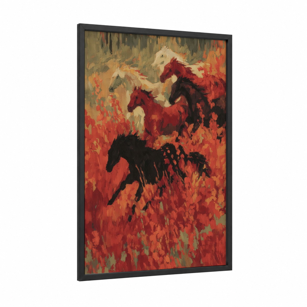 Fiery Horseback framed art print — black wood frame — red and orange palette