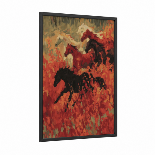 Fiery Horseback framed art print — black wood frame — red and orange palette