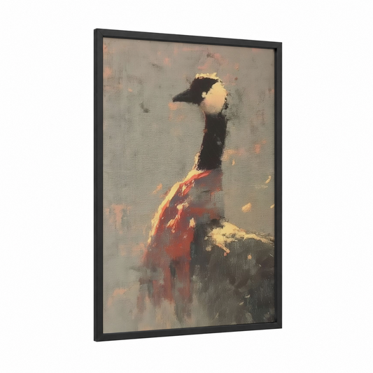 Crimson Goose framed geese print — black wood frame — red and black palette