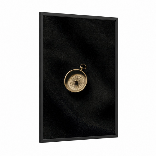 Golden Compass framed art print — black wood frame — gold and black palette