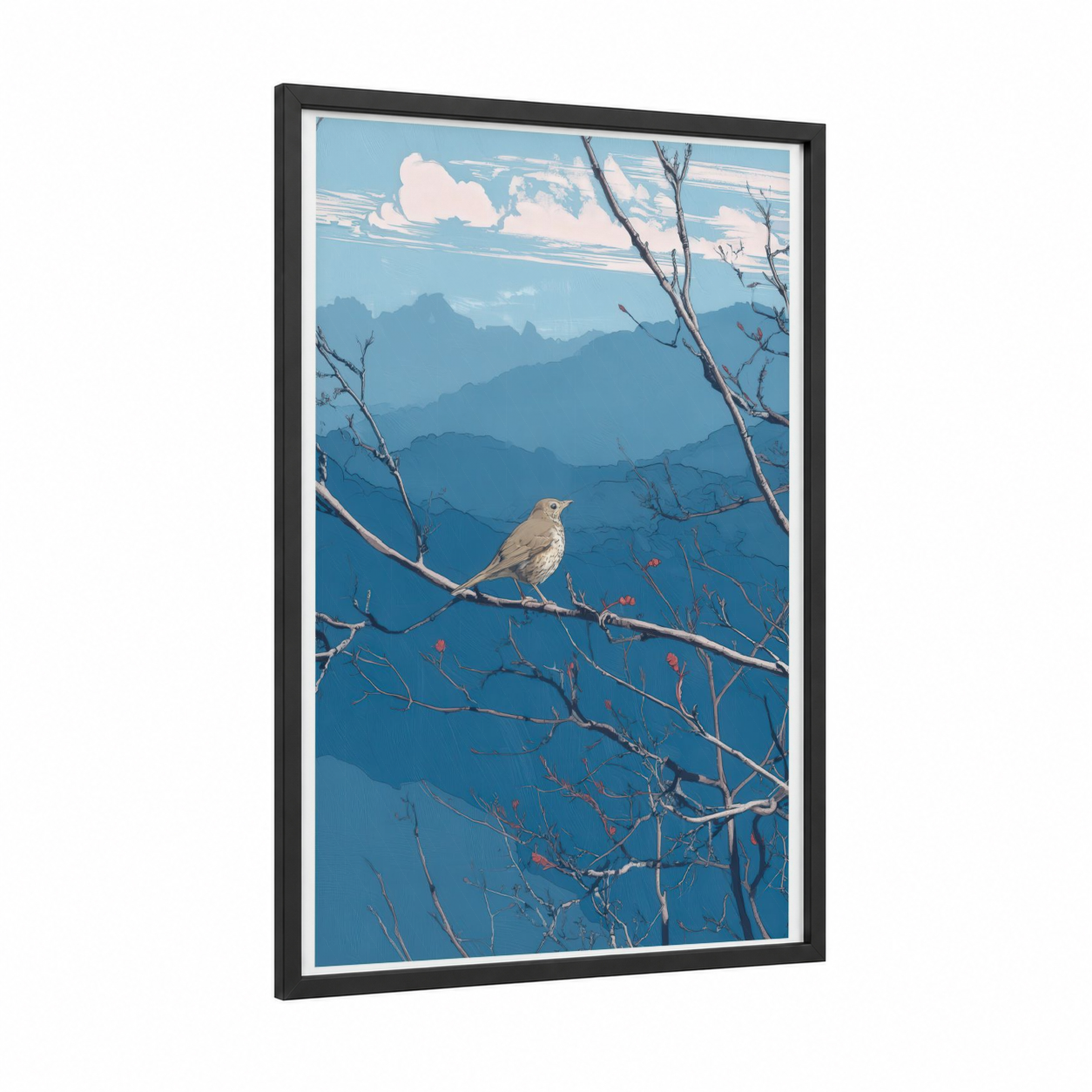 Mountain Thrush framed art print — black wood frame — blue and white palette